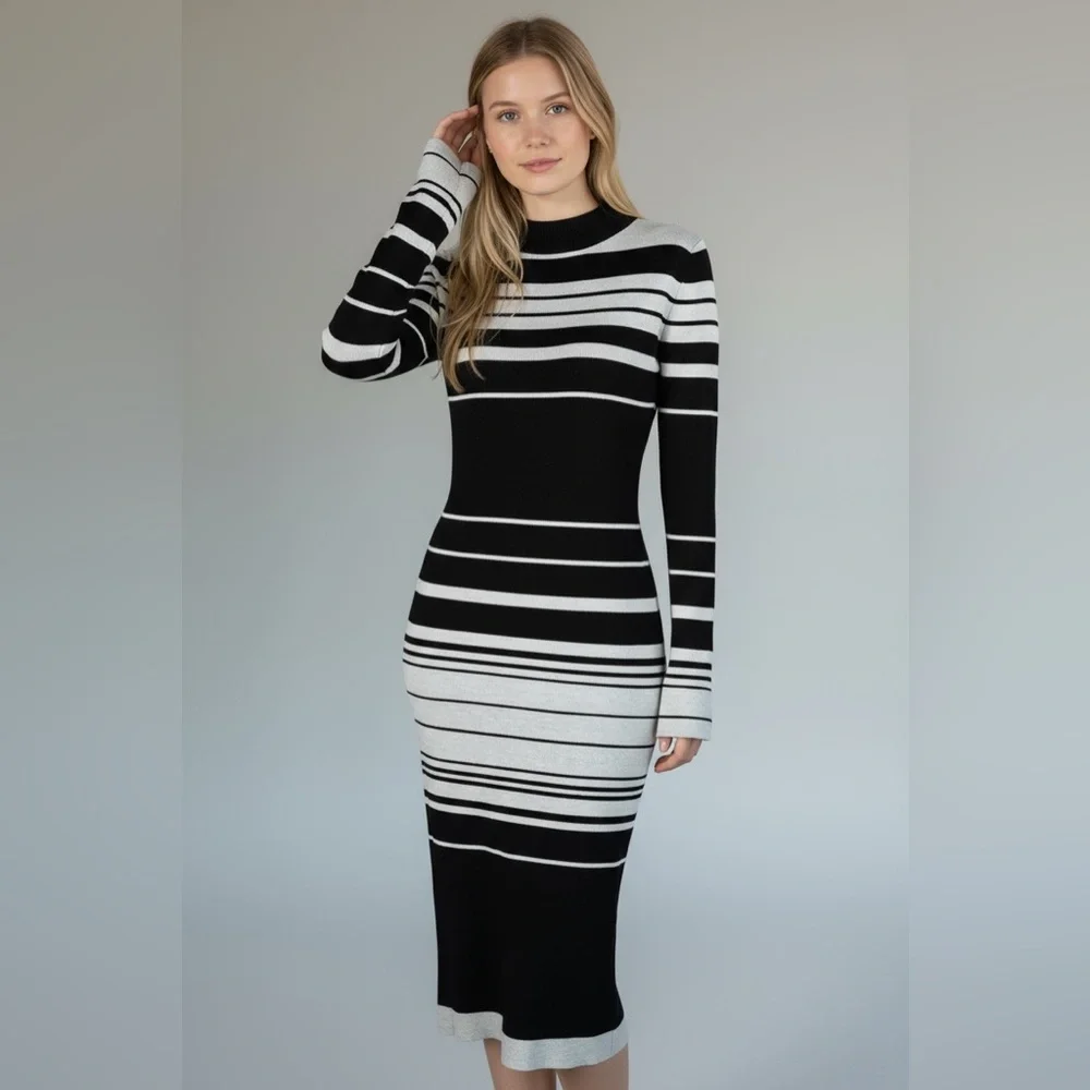 Love Always by FCT Black & Gray Striped Mock-Neck Sweater Midi Dress – Size XL - Picture 1 of 17